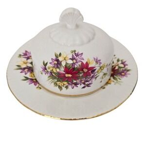 Paragon Bone China White Purple Flower Festival Floral Covered Butter Dish Plate